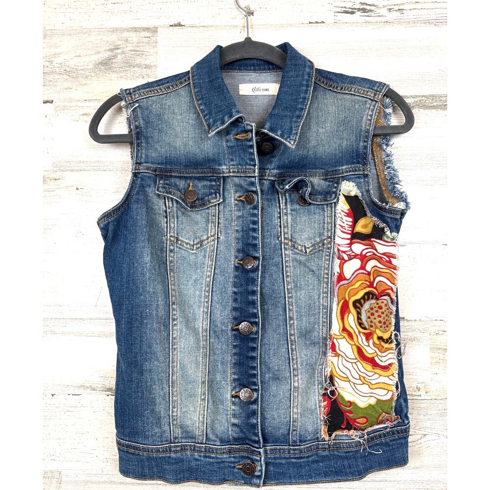 Cello Jeans Womens S Blue Denim Patchwork Floral Sleeveless Jean Jacket Boho